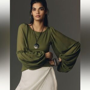 Anthropologie Olive Green Blouse with Puff Sleeves
